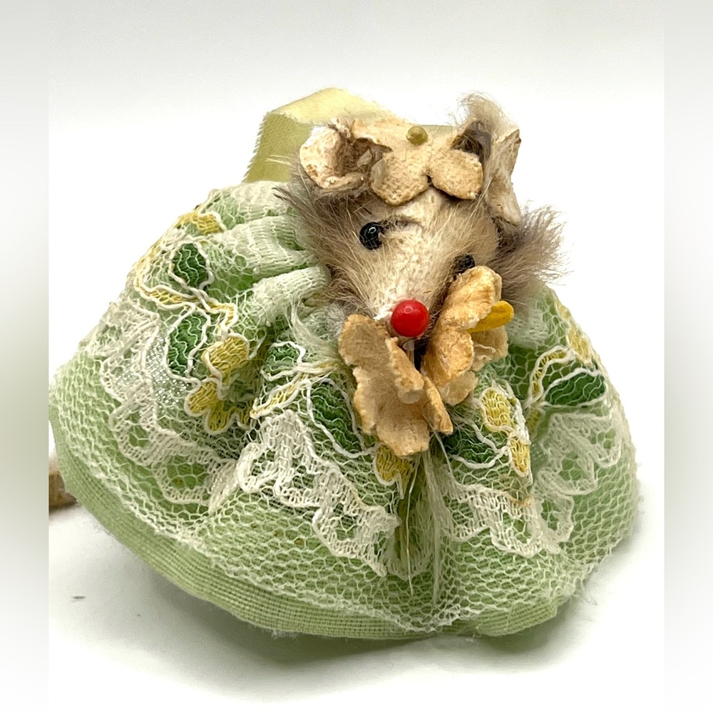 Original Fur Animals Toy Collectible Mouse Green Dress Lace West Germany 2 in
